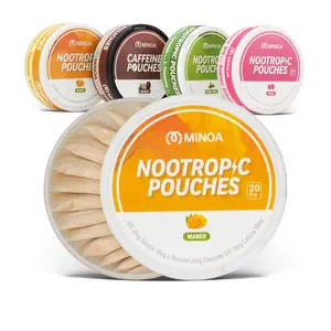 MINOA Caffeine Pouches, 50mg Natural Caffeine, Vitamins and Minerals Clean Energy Brain Fuel for Cognitive Performance and Delicious Flavor, Replacement/Alternative for Focus and Energy, 20 Pouches Per Can, 4 Refreshing Flavors