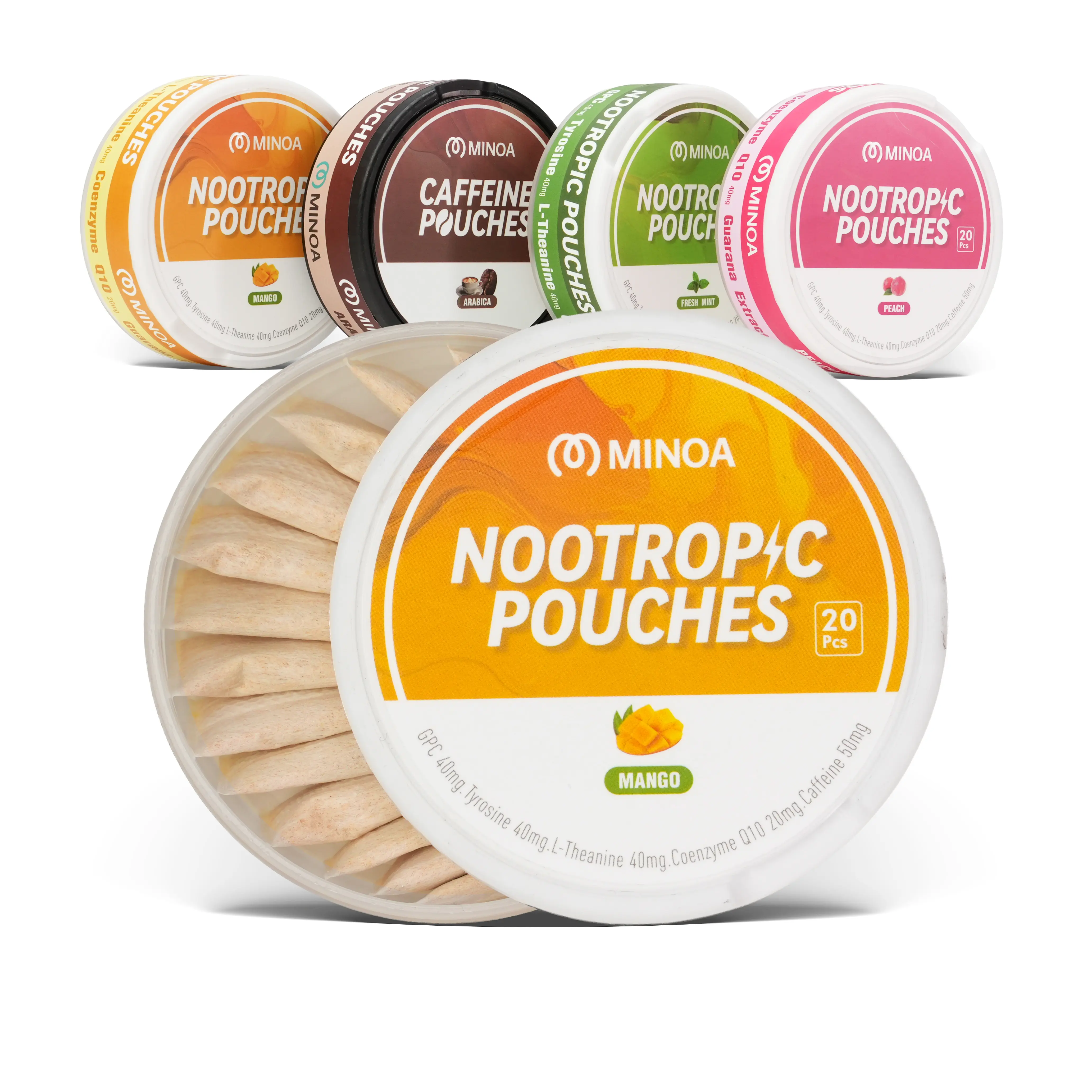 MINOA Caffeine Pouches, 50mg Natural Caffeine, Vitamins and Minerals Clean Energy Brain Fuel for Cognitive Performance and Delicious Flavor, Replacement/Alternative for Focus and Energy, 20 Pouches Per Can, 4 Refreshing Flavors