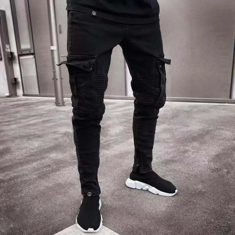 Men's Black Cargo Jeans with Multi Pockets, High Cotton Content Slim Fit Denim Pants, Biker Style Streetwear Trousers for Men, Reinforced Knee Detail