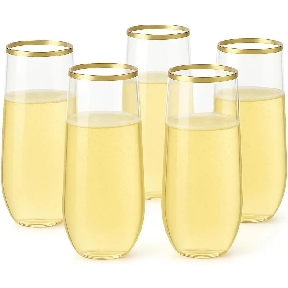 48-Pack  Rimmed Stemless Plastic Champagne Flutes - 9 Oz Clear Disposable Toasting Glasses - Bulk  Recyclable Shatterproof Event Supplies for Weddings, Parties & Celebrations