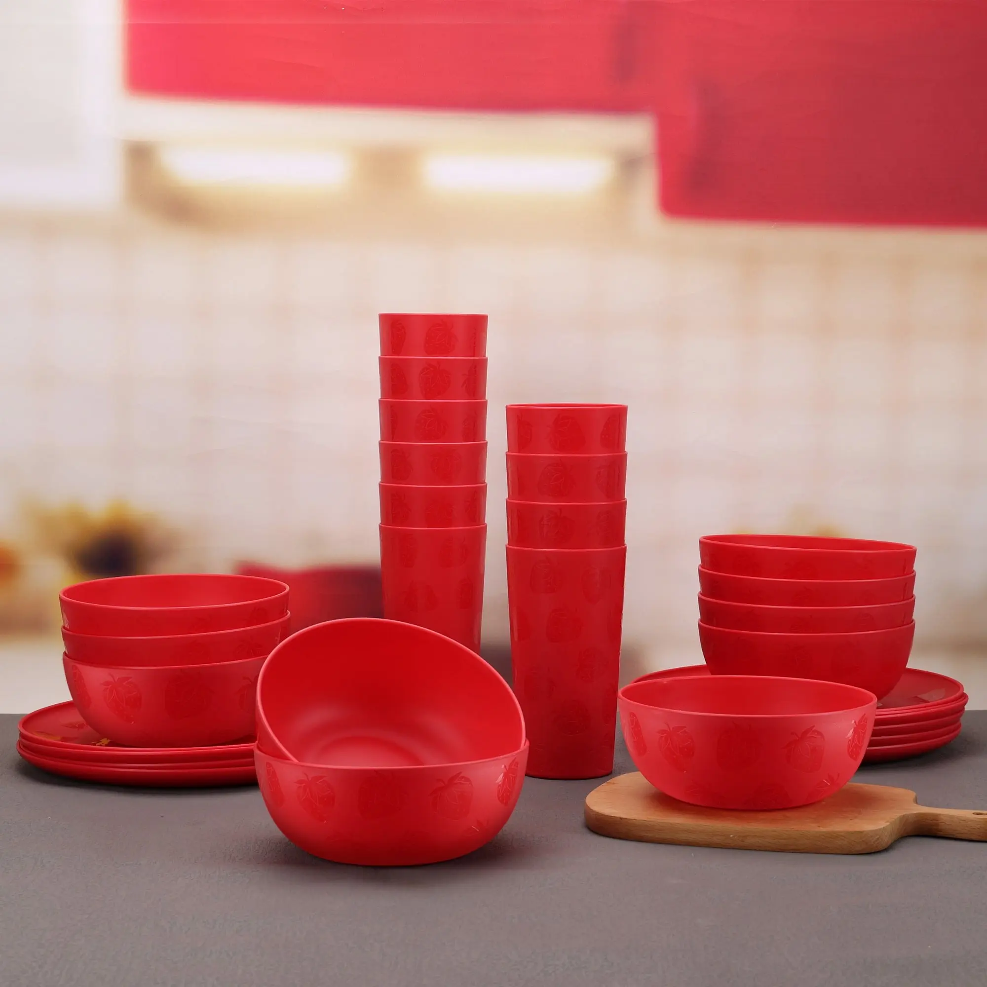 Mainstays 30-Piece Sturdy Round Lightweight Unbreakable Plastic Child Tableware Set - Everyday Indoor Kitchen Supplies with Dinner Plate, Dessert Plate, Cereal Bowl, Cup, Pear Accent