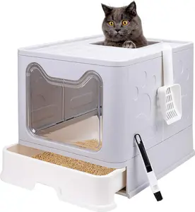 Foldable Cat Litter Box with Lid, Enclosed Cat Potty, Top Entry Anti-Splashing Cat Toilet, Easy to Clean Including Cat Litter Scoop and 2-1 Cleaning Brush (Black) Large