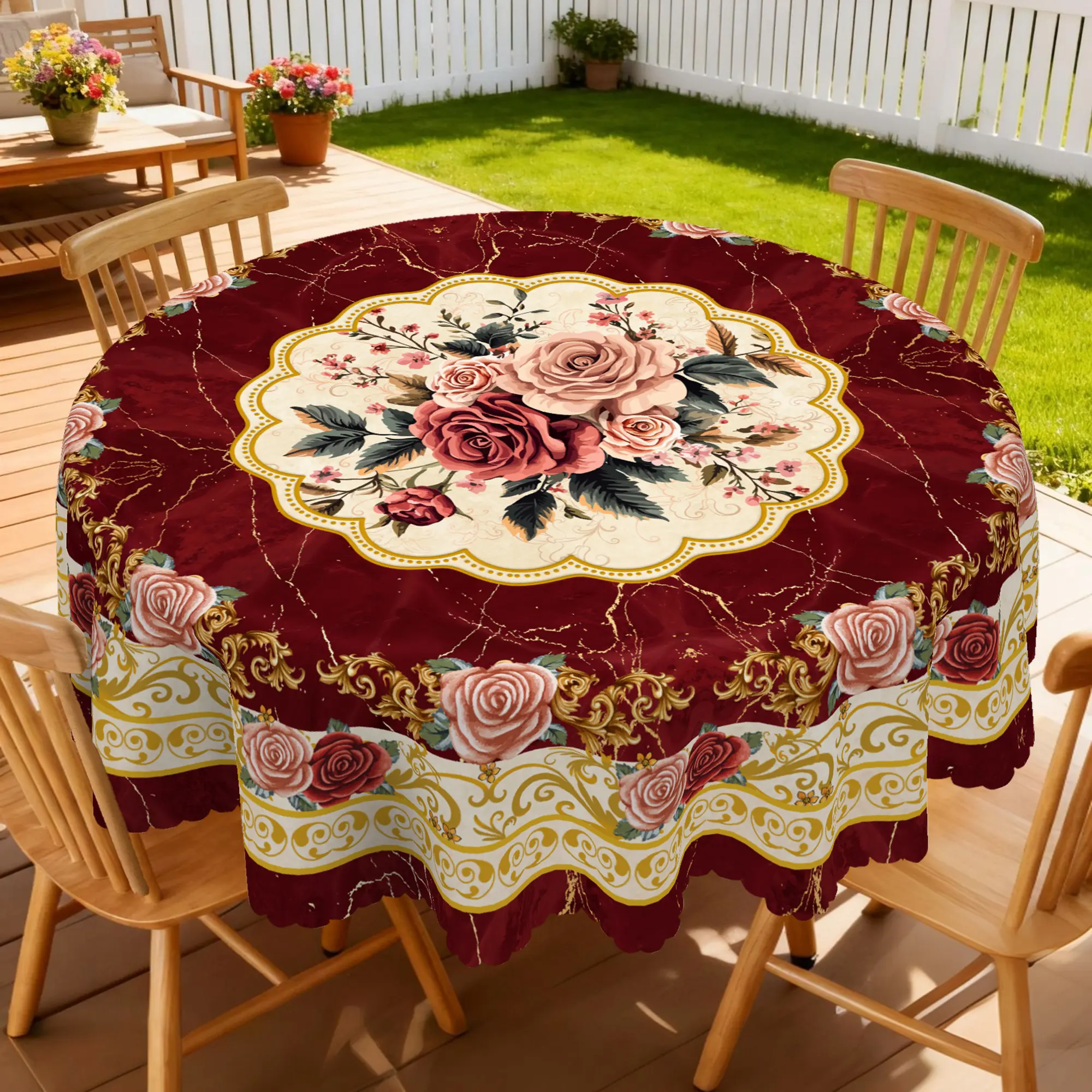 Vintage Burgundy Marble Floral Table Cloth, Luxury Golden Rose Print Table Cover, Elegant Home Decor Perfect for Spring & Summer, Indoor Outdoor Patio Kitchen Dining Farmhouse Decoration Ideal Gift