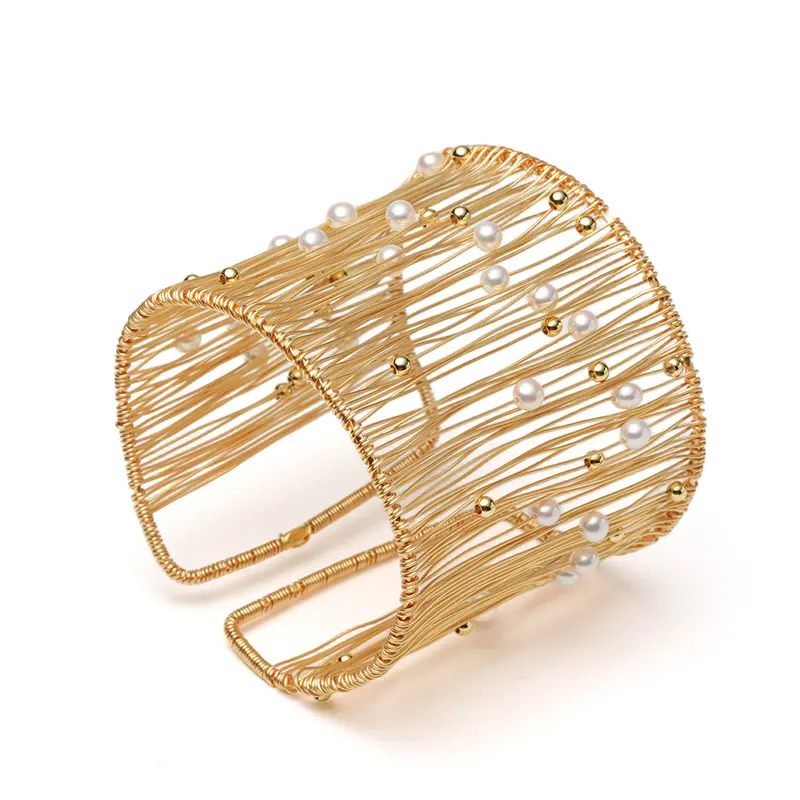 Gold Multi-layer Wire Pearl Cuff Bangle, French Chic Statement Wristband, Quiet Luxury Artisan Jewelry Gift