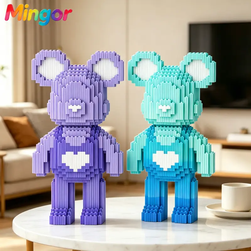 11.8in Aesthetic Heart Bear Interlocking Building Block Set, Collectible Micro Bricks Kit, Cute Purple-Blue Heart Block Model Building Kits for Kids, Besties Perfect Gift Room Decor DIY Toy, Collectible Building Set, Blocks Model Building Kits