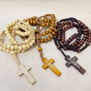 Wooden Rosary Beads Catholic Cross Necklace Round Wooden Prayer Bead Handmade Rosary Necklace with St Benedict Crucifix Cross,Bulk Rosary Beads 3pc 3Colors Catholic Rosary Round Wooden Prayer Bead Handmade Rosary Necklace with St Benedict Crucifix Cross