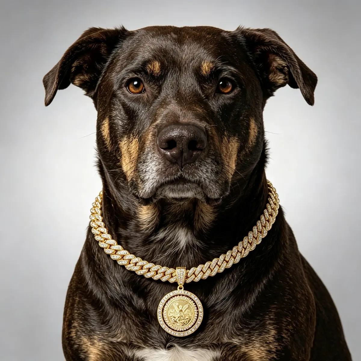 Rhinestone Cuban Dog Chain Zinc Alloy Round Embossed Medallion Collar for Bully French Bulldog Medium Large Breeds