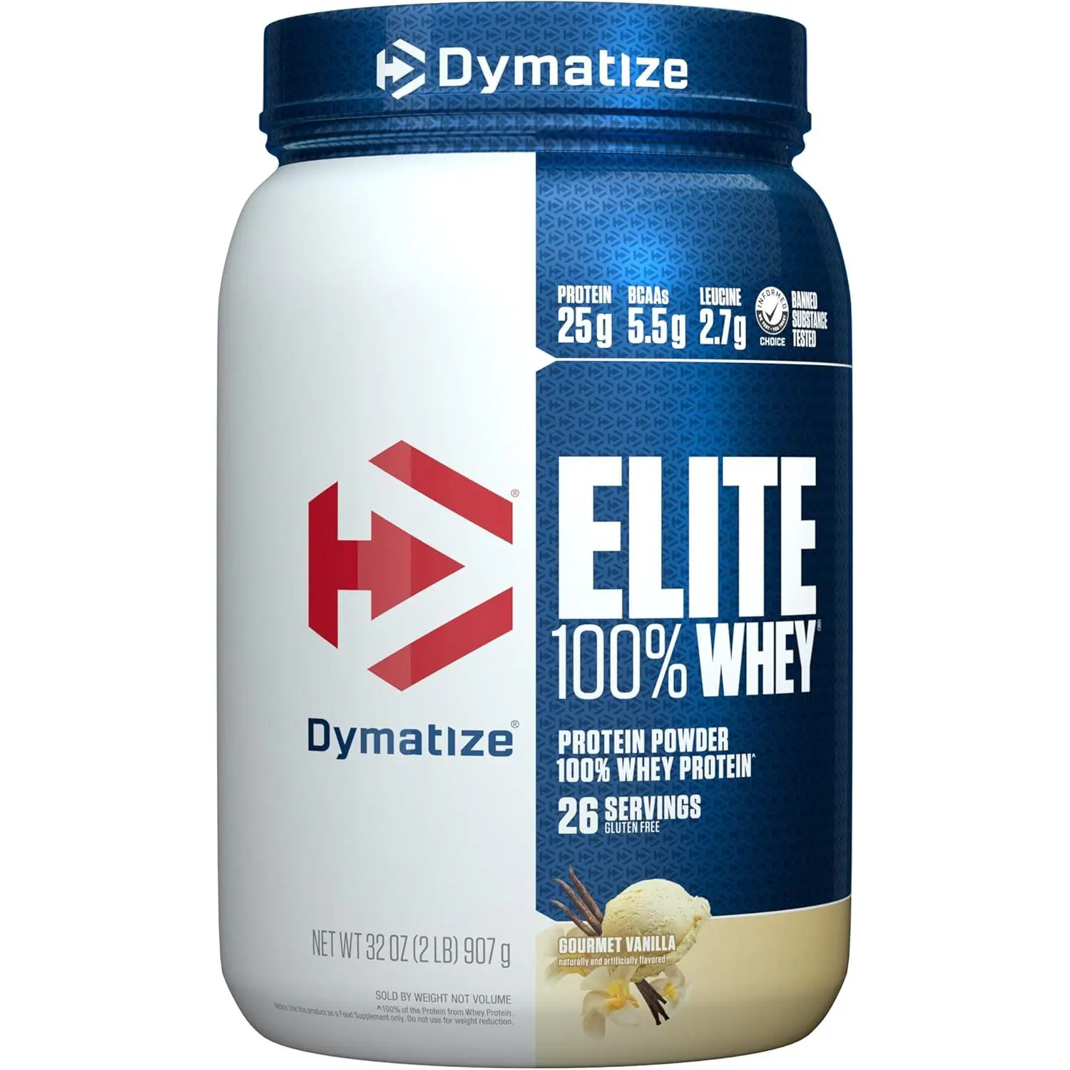 Dymatize Elite 100% Whey Protein Powder - 32oz Dairy-Based, Soy-Free, L-Leucine Inf., 25g, 20-29g, Quick-Absorbing Instant Fitness Supplement for Adults, Milky Gourmet Vanilla, Single Item Dietary Mix