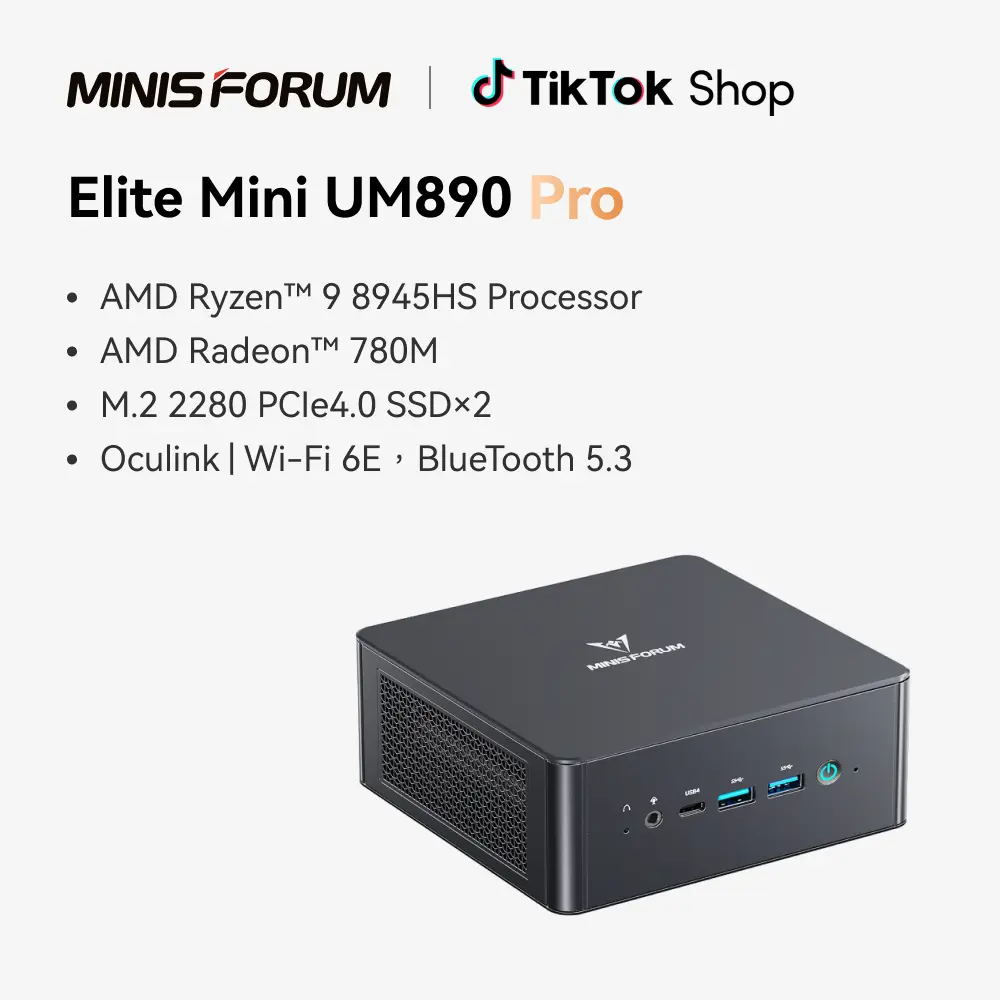 MINISFORUM UM890 Pro Mini PC AMD Ryzen 9 8945HS(8C/16T, up to 5.2GHz) 32GB DDR5 1TB PCIe4.0 SSD, 2xUSB4(PD 8K)|1xHDMI|1xDP Four Outputs, 2x RJ45, BT5.2 4xUSB3.2 AMD Radeon 780M Graphics Micro Computer