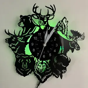Wildlife Hunting Elk and Wolf Vinyl Record Wall Clock, Natural Artistic Home Decor, Suitable for Bedrooms Living Rooms Zoos Farmhouses