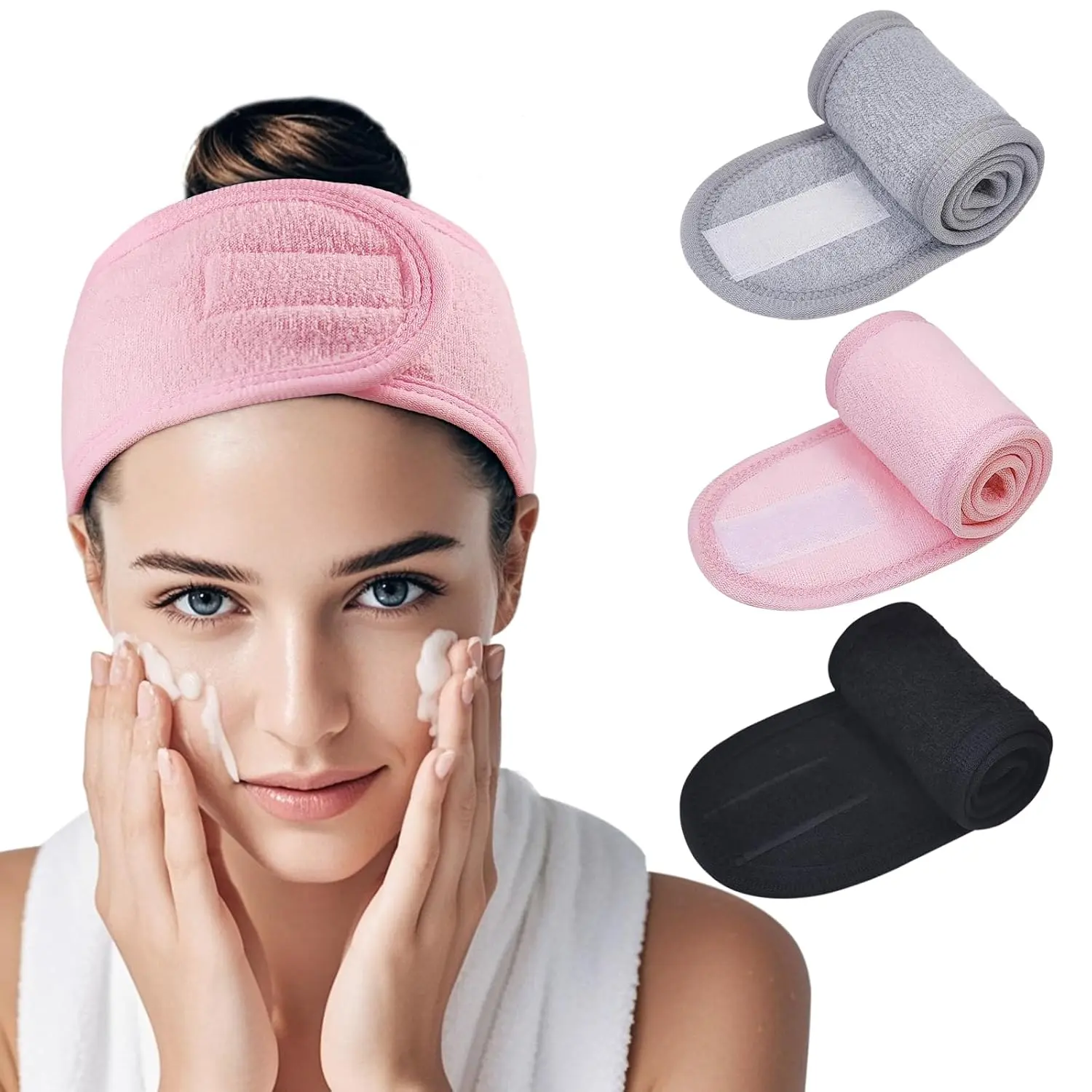 3 Pack Terry Cloth  Headbands for Women, Soft Adjustable Velcro Headband for Washing , Skincare Routine, Makeup Application & Shower - Includes Gray, , Black