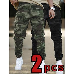 2pcs Unisex Loose Camouflage Tactical Joggers - Cotton-Padded, Drawstring Waist, Side Pockets, Sporty Joggers - Casual Streetwear for All-Season Sports, Outdoor Activities