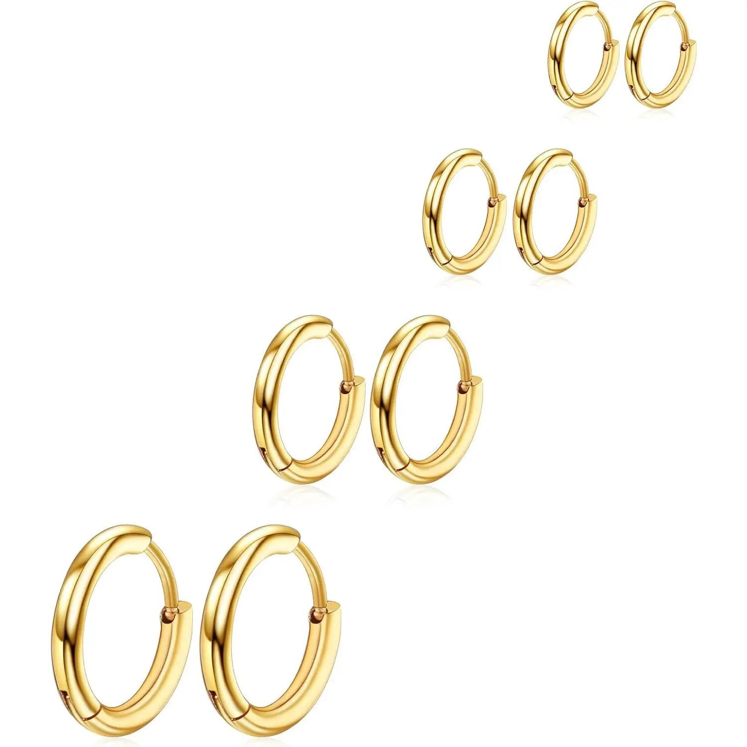 4 Pairs Gold Hoop Earrings for Men and Women 316L Surgical Steel Hypoallergenic Sleeper Earrings 8mm 10mm 12mm 14mm Set