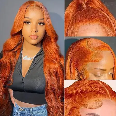 30 Inch Ginger Orange Body Wave Lace Front Wig - Synthetic-Blended Human Hair, 13x4 Transparent Lace Frontal , 180% Density #350 Colored Lace Wigs, Pre-Plucked, Glueless Fit, Quick Wear, Birthday Gift for Daily Use