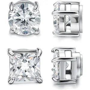 Jstyle 2 Pairs Stainless Steel Stylish Non-Piercing Magnetic Stud Earrings Hypoallergenic CZ Men and Women 5-8MM Sizes