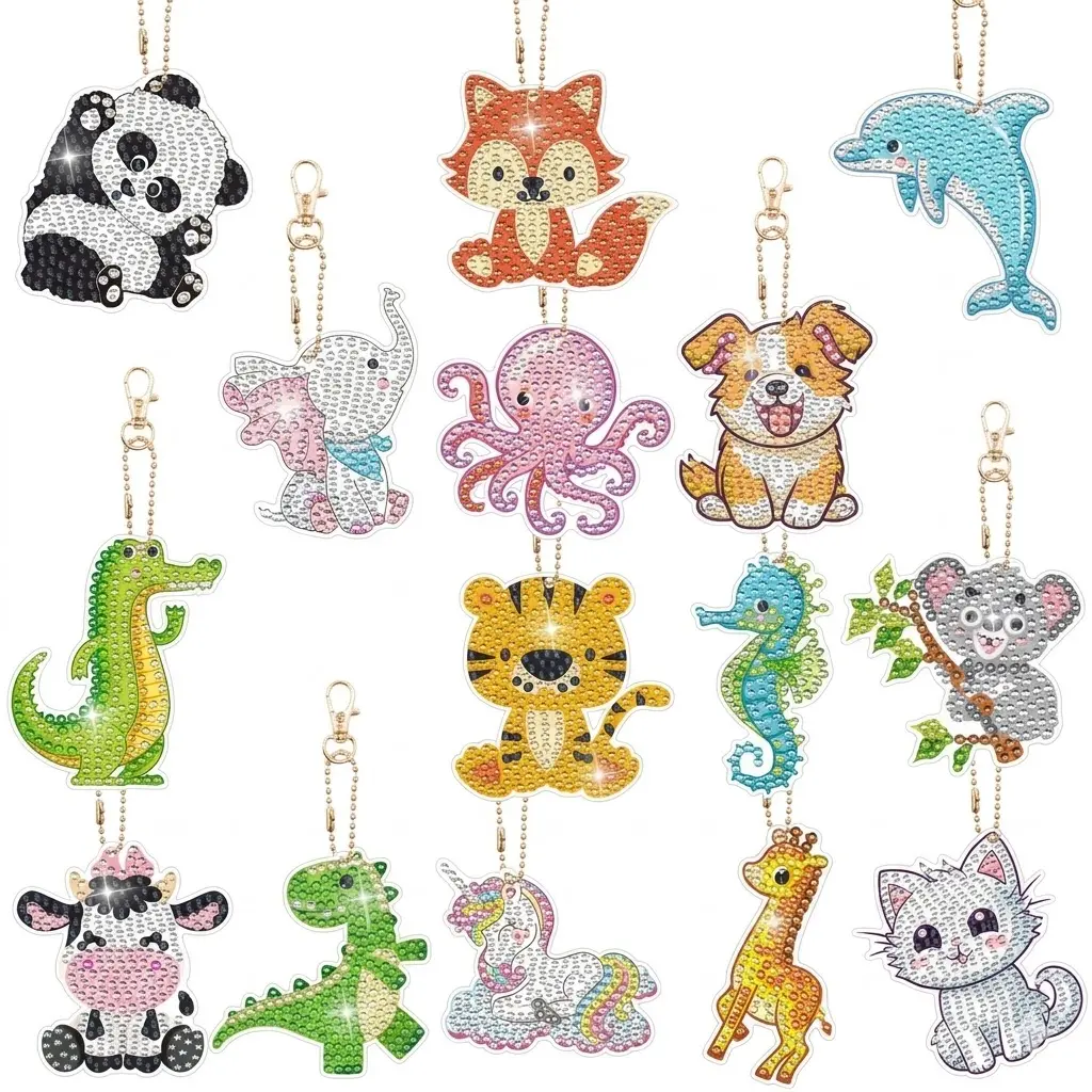 15 PCS 5D Double-Side Diamond Painting Keychains, DIY Animal Art Ornaments Key Rings Pendants for Beginners, Birthday Gift Decor, Keychain