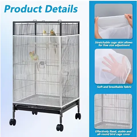 1 Pc Bird Cage Cover – Large mesh net guard to prevent food splatter and feathers, Breathable anti-fly and mosquito cover, fits round and square cages, ideal for parrots, indoor bird cages, Bird Cage Accessory