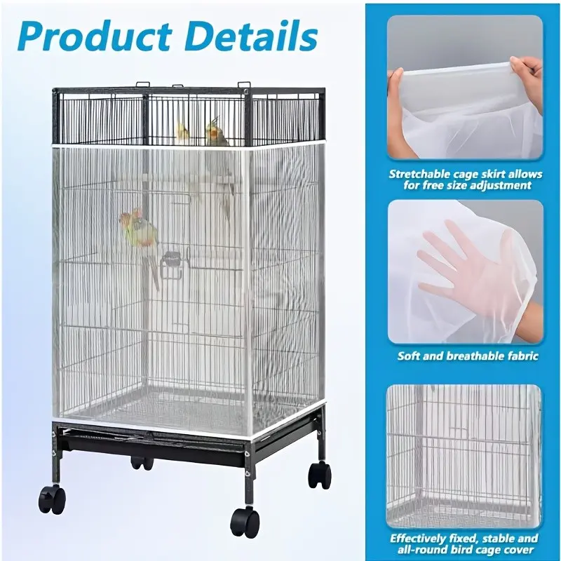 1 Pc Bird Cage Cover – Large mesh net guard to prevent food splatter and feathers, Breathable anti-fly and mosquito cover, fits round and square cages, ideal for parrots, indoor bird cages, Bird Cage Accessory