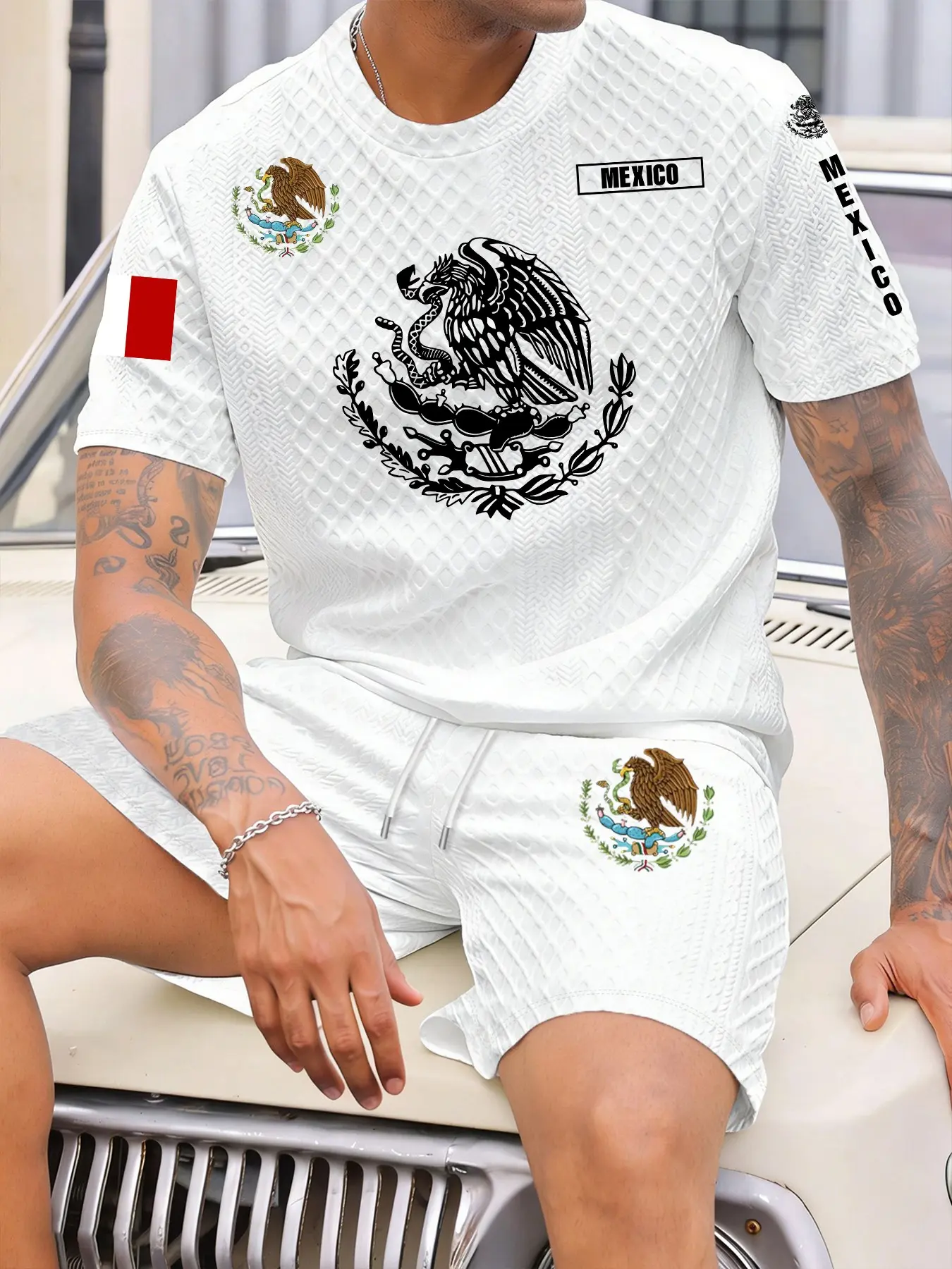 Men's Summer Breathable Short Sleeve Tee & Shorts Set, Fashion Cultural Mexican Emblem Design, Casual Fitted, 2 Piece Set, Print Apparel, Menswear