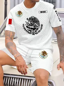 Men's Summer Breathable Short Sleeve Tee & Shorts Set, Fashion Cultural Mexican Emblem Design, Casual Fitted, 2 Piece Set