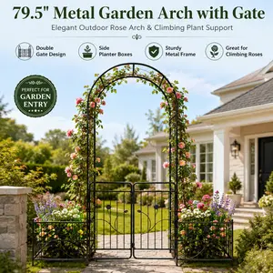 Large Metal Garden Arch with Gate 86.6in High Trellis for Climbing Plants Rose Archway Outdoor Patio Backyard Entrance Decorative Support Stand for Flowers Ivy Vines Pergola Heavy Duty Black Iron Frame
