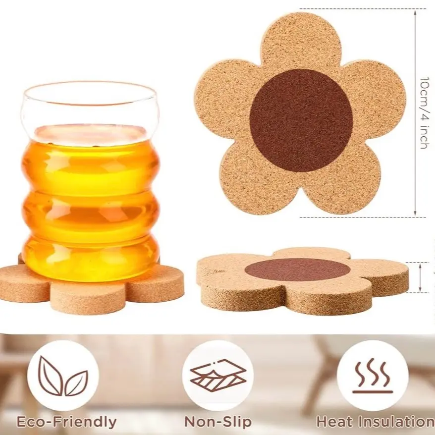 1 Thick  Flower Coasters Cork Coasters for Drinks 4 Inch Absorbent Reusable Coaster Farmhouse Rustic Wood Drink Coasters for Coffee Wine Mug Desk Glass Table Aesthetic Cute Apartment Decoration et