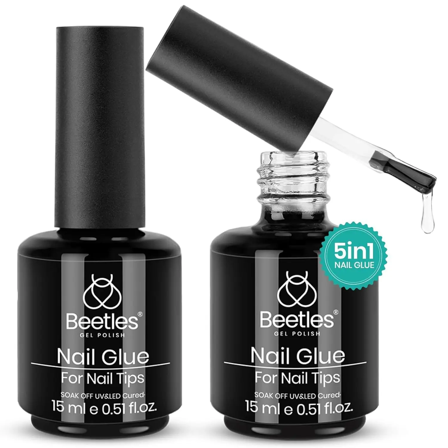 beetles Gel Polish 5 In 1 UV Nail Glue and Base Gel Kit for Manicure, 2 Pcs 15ml Super Strong Brush in Nail Gel Glue for False Nails Tips and Gel Nail Polish Led Lamp Required Nail Care