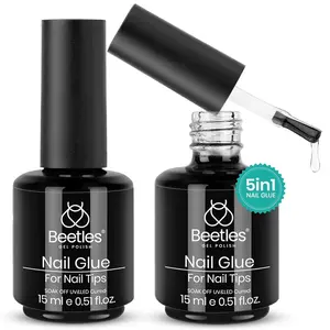 beetles Gel Polish 5 In 1 UV Nail Glue and Base Gel Kit for Manicure, 2 Pcs 15ml Super Strong Brush in Nail Gel Glue for False Nails Tips and Gel Nail Polish Led Lamp Required Nail Care