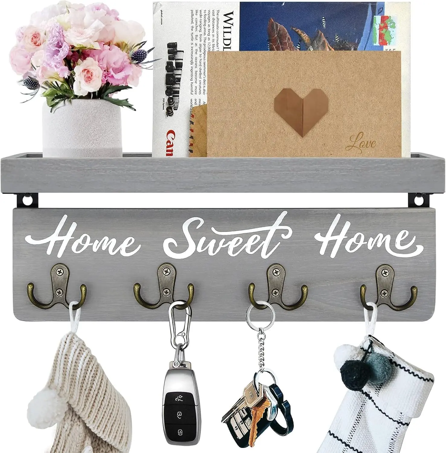 Key Holder Wall Mount with 4 Double Hooks-Solid Wood Wall-Mounted Organizer for Keys&Mail Rustic Key Rack Hanger Holder Home Decor for Entryway Living Room (Gray)