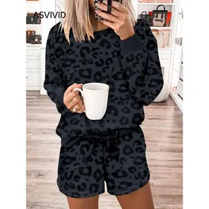 Women's All Over Leopard Print Bow Decor Lounge Set, Casual Striped Comfy Drop Shoulder Round Neck Sweatshirt & Elastic Waist Pocket Sweat Shorts, Ladies Sleepwear for All Seasons