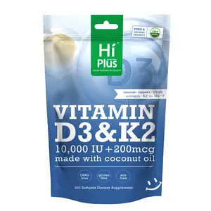 HiPlus Vitamin D3 & K2 | 10,000 IU + 200 mcg, Immune Support & Bone Health, Made with Coconut Oil,300 Softgels Natural Extra Strength Daily Supplement Fitness Endurance Supplement