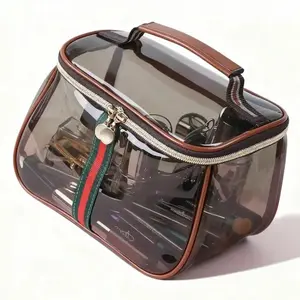 New Retro Vintage Vanity Bag, Large Capacity Makeup Organizer for Women, Waterproof Transparent Toiletry Bag, Portable Skincare Storage Case, Travel Cosmetic Bag for Ladies (Brown) Zip