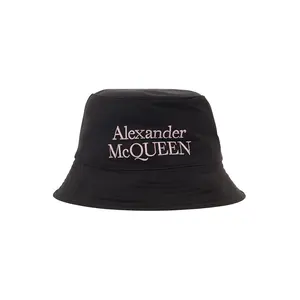 Alexander Mcqueen Men Black And White Reversible Bucket Hat With Logo Embroidery In Polyamide Man