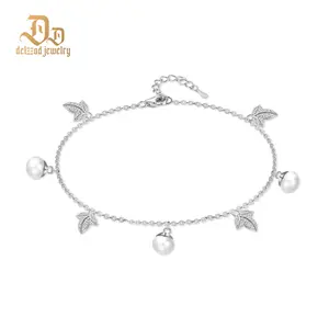 Delzzad 0.6ct Lunar Leaf Trail Anklet Pearl Bloom Anklet Chain Adjustable Anklet Synthetic Moissanite Anklet Jewelry Copper Chain Perfect Birthday Engagement Wedding Anniversary Christmas Valentine's Day Gifts