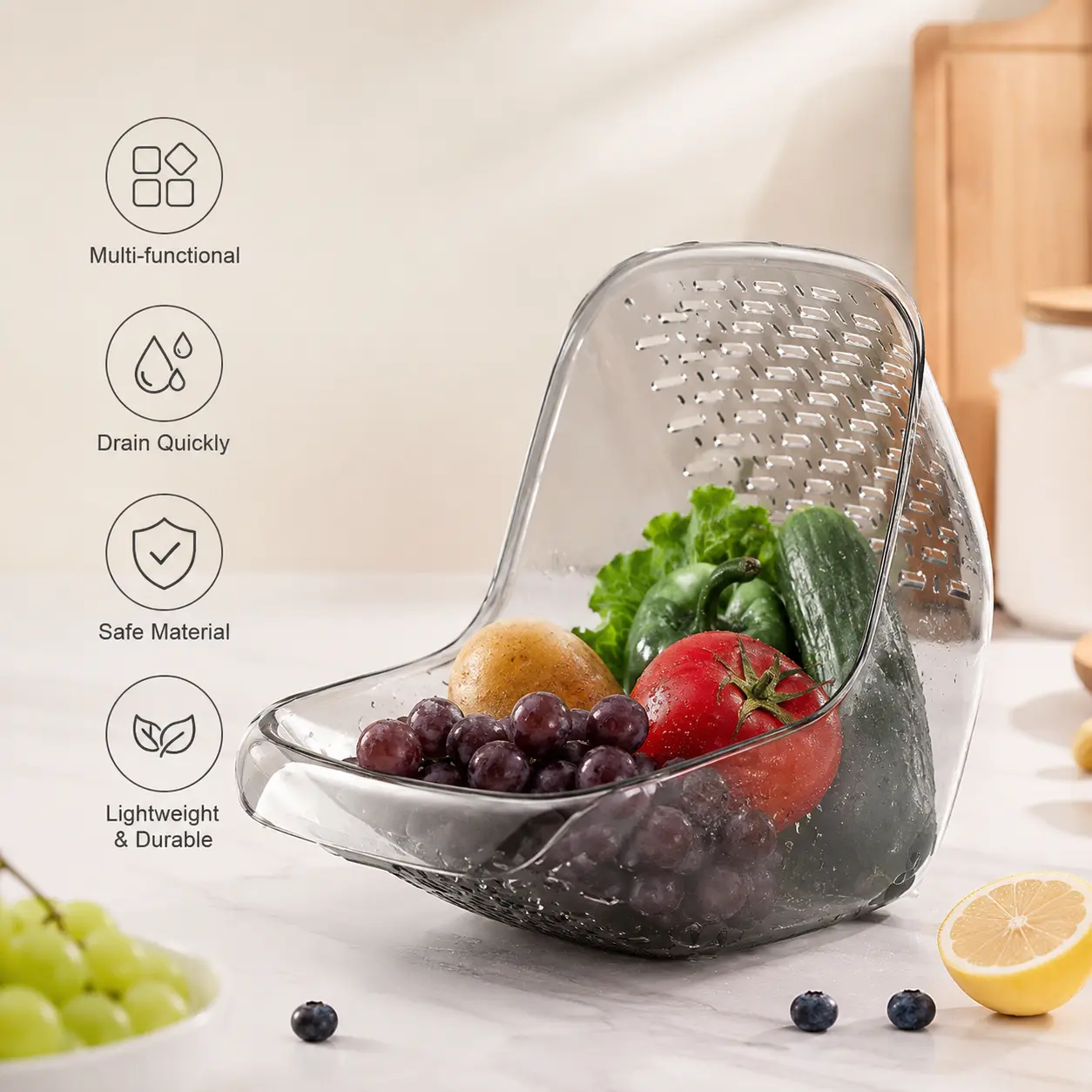 1-Count Multifunctional PET Drain Basket with Fine Holes, Kitchen Draining Strainer Utensil for Washing Fruits, Vegetables, Rice