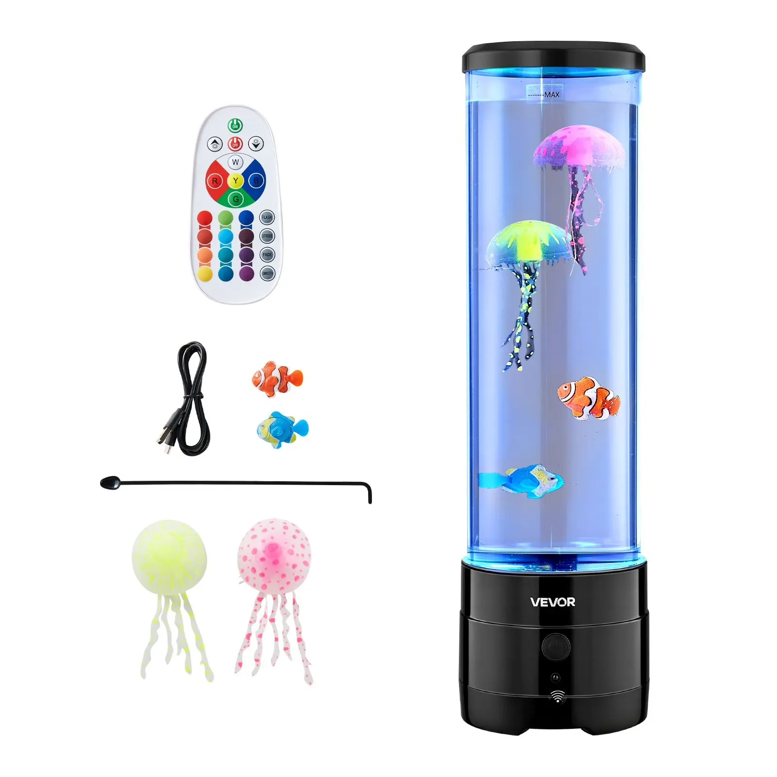 VEVOR Sensory Bubble Lamp, LED Color Changing Stress Reliever for Special Needs, 16 Colors Ambient Lighting Fixture with Bluetooth Speaker, White Noise, Fake Aquarium Fish Night Light for Bedroom, Living Room