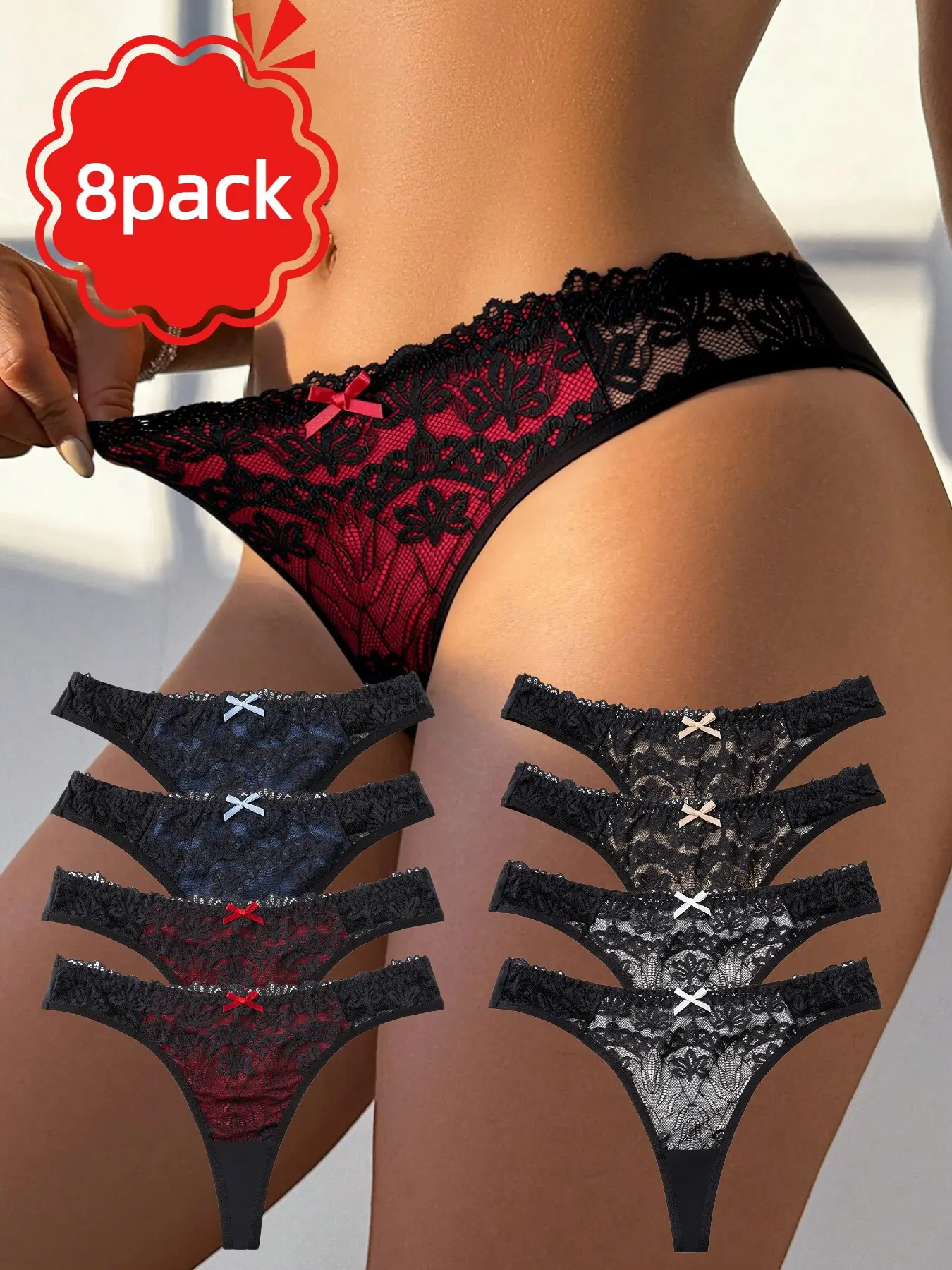 Sexy Bowknot Decor Thongs, Stretchy Underwear for Women, Colorblock Hollow Out Design Lingerie for Everyday Wear, Elegant Slim-Fit Panties for All Seasons, 8-Piece Set, Knitted Stretch Underwear