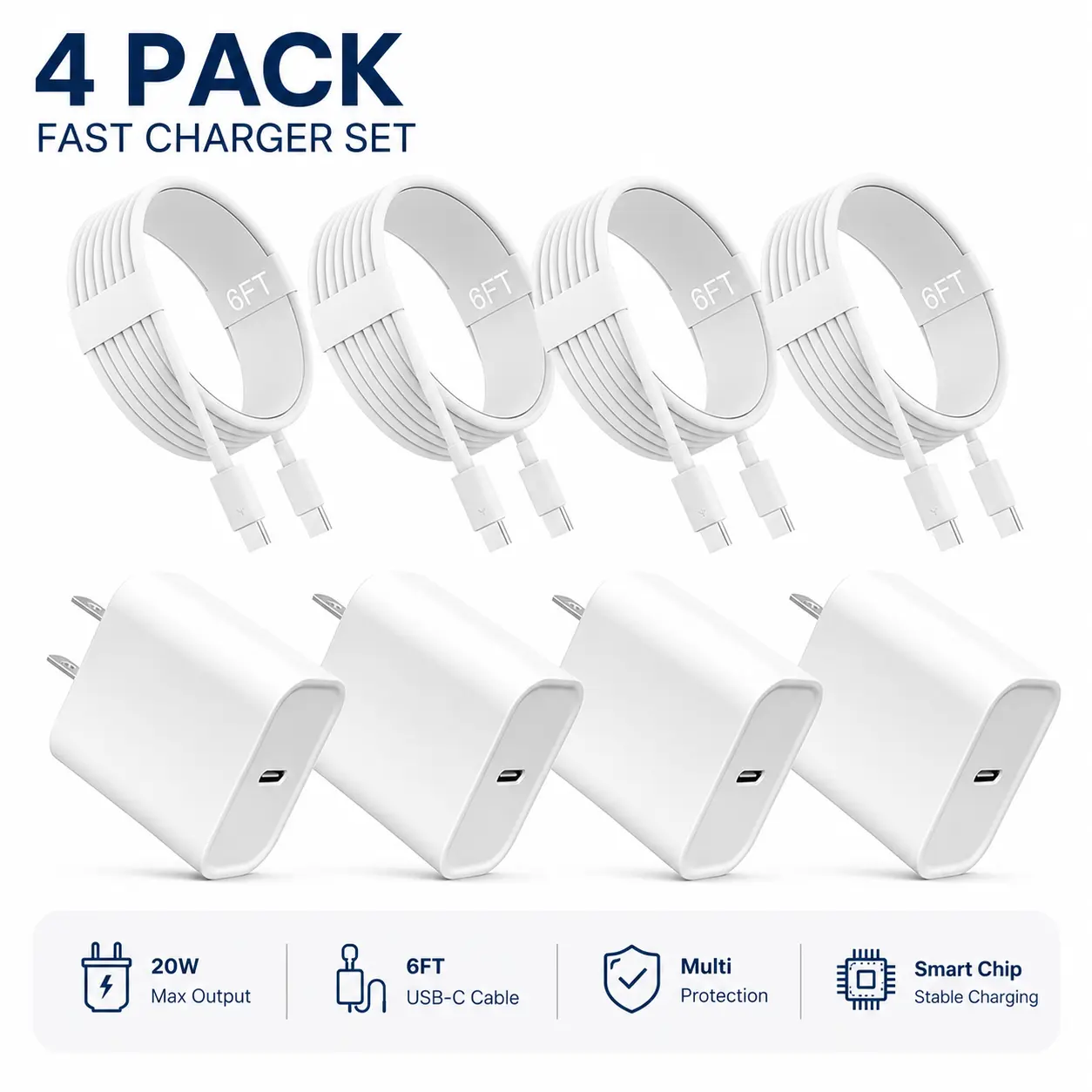 4-Pack 20W Super Fast Charging USB-C Wall Charger Block with 4-Pack 6FT USB-C to USB-C Cables for iPhone 17/17 Air/17 Pro/17 Pro Max /iPhone 16/16 Plus/16 Pro/16 Pro Max/iPhone 15/15 ProMax/Samsung，and so on Quick Connect Adapters Multi Ports
