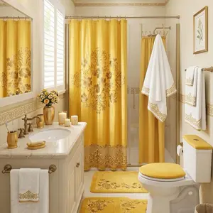 Golden Elegance Bathroom Set - Yellow Shower Curtain, Towels, and Rug with Embroidered Design for Luxurious Bathrooms
