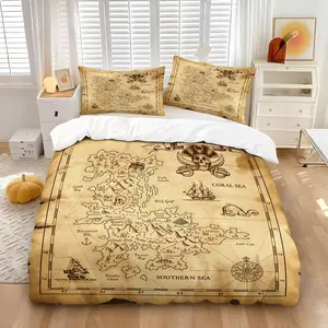 2/3Pcs Vintage Pirate Treasure Map Duvet Cover Set, Retro Nautical Bedding Set, Antique Treasure Map Print, Soft Microfiber, Zipper Closure, Wrinkle Resistant, For Boys Bedroom, Pirate Theme Room Decor, All Season Use