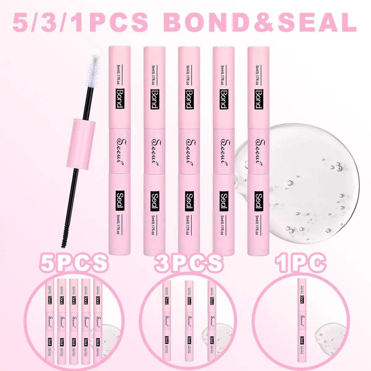 SEEUI 5Pcs Bond & Seal, DIY Lash Clusters Glue, Eyelash Adhesive, Stock up Set, Large Capacity 2 in 1 Bond and Seal, Long Lasting Lash Bond DIY Lash Extension, for Beginner, Waterproof, DIY Eyelash Extensions, Eyelash Bonding Tools