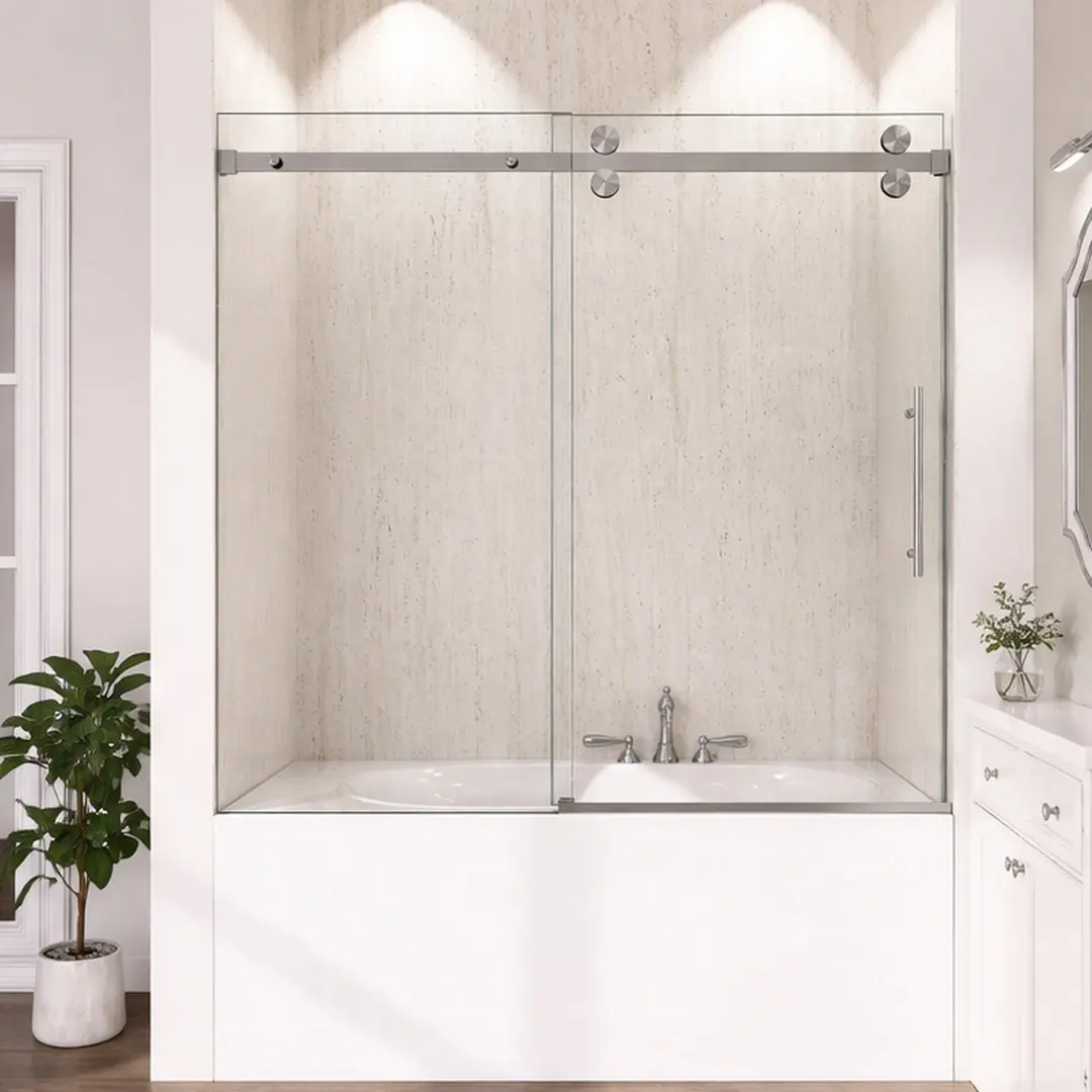 ARCH 56-60"W x 60"H Frameless Sliding Tub Shower Door Enclosure, 5/16" (8mm) SGCC Tempered Glass, Brushed Nickel/Matte Black Hardware, American Design, Space-Saving Minimalist Bathroom Shower Door with Towel Handle, Glass/Glass+Metal/Metal Material