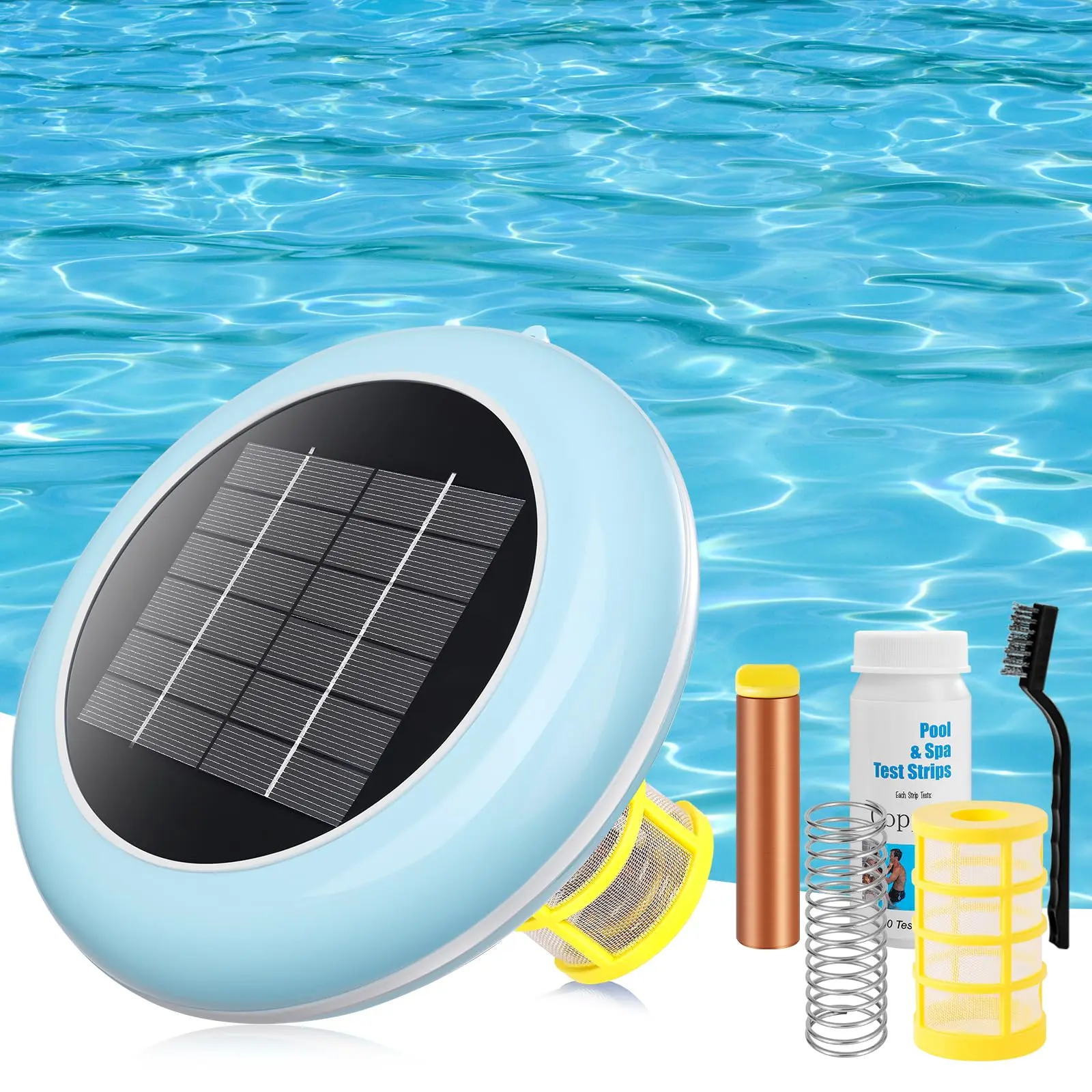 Solar-Powered Floating Pool Ionizer with Copper Ionization - 416g, Solar Panels, 45000 Gal Capacity, Automatic Water Cleaner & Purifier, 85% Less Chlorine, Smart Replacement Function, Works with All Pool Types, Round Design