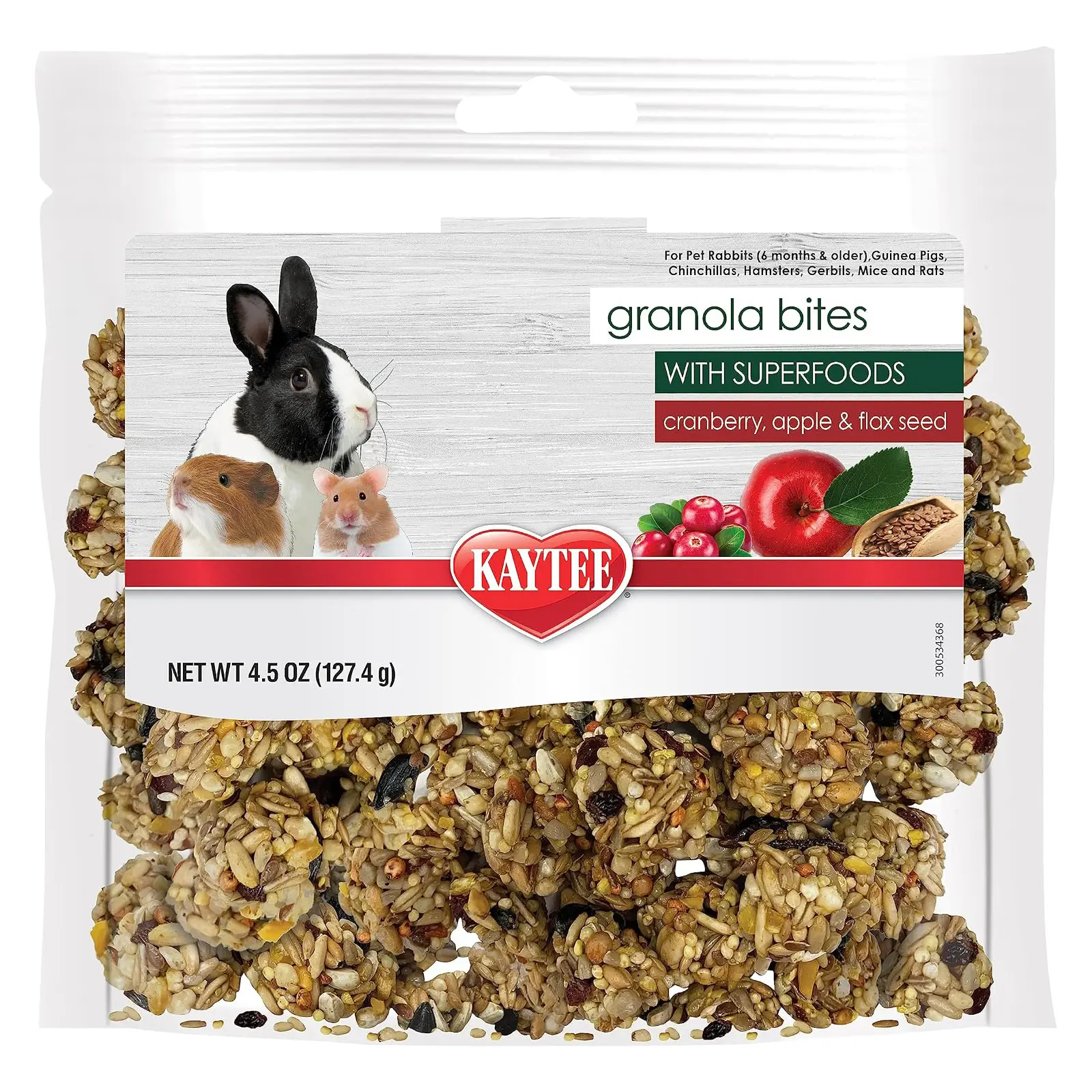 Kaytee Granola Bites with Superfoods Cranberry, Apple and Flax for Rats, Mice, Hamsters, Gerbils, Rabbits, Guinea Pigs and Chinchillas, 4.5 oz