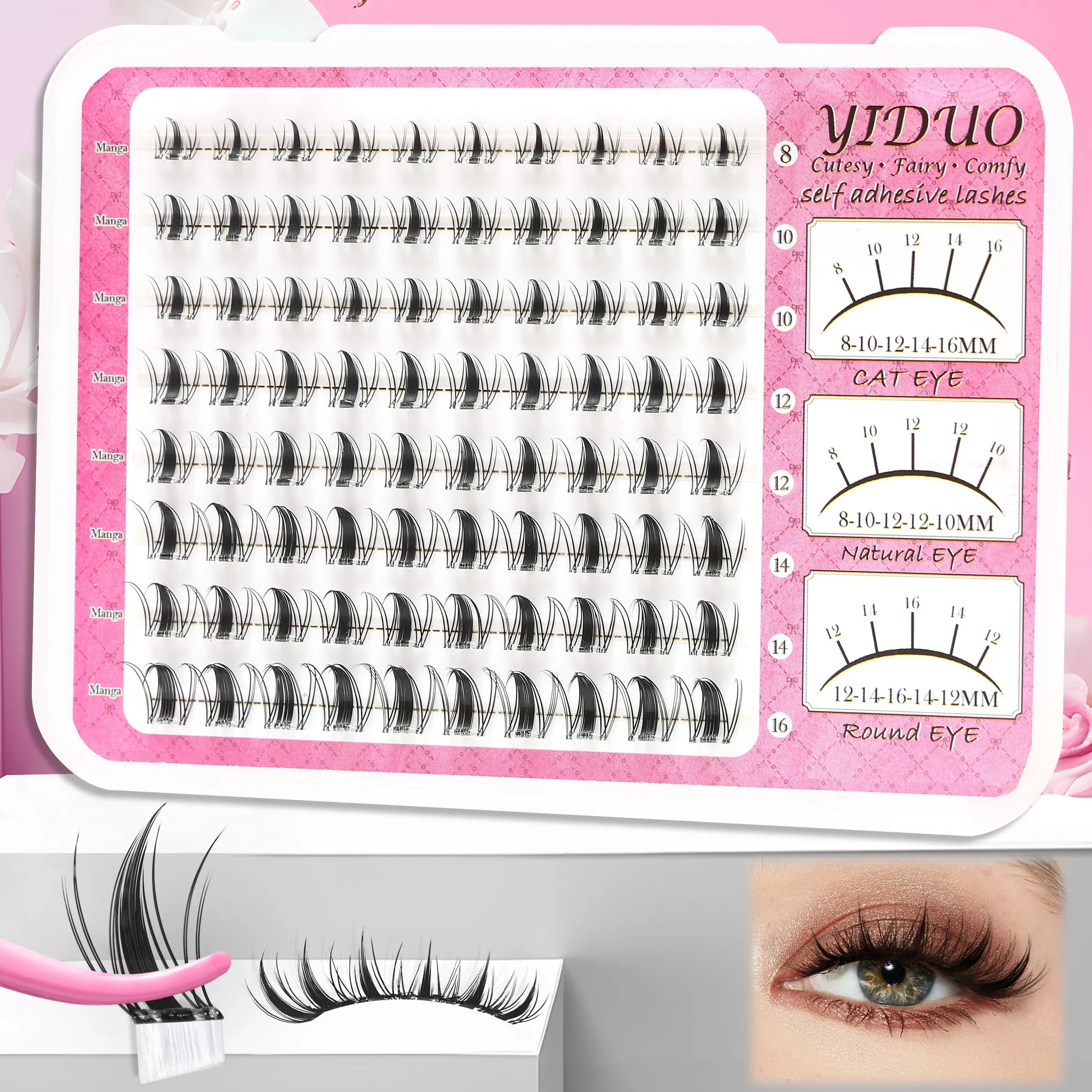 Self-adhesive false eyelash clusters Manga style Glue-free Glueless Lashes Eyelash extensions Lightweight D-Curvature Clustered false lashes 8-16mm Pre-glued clusters Individual lashes Effortless makeup application
