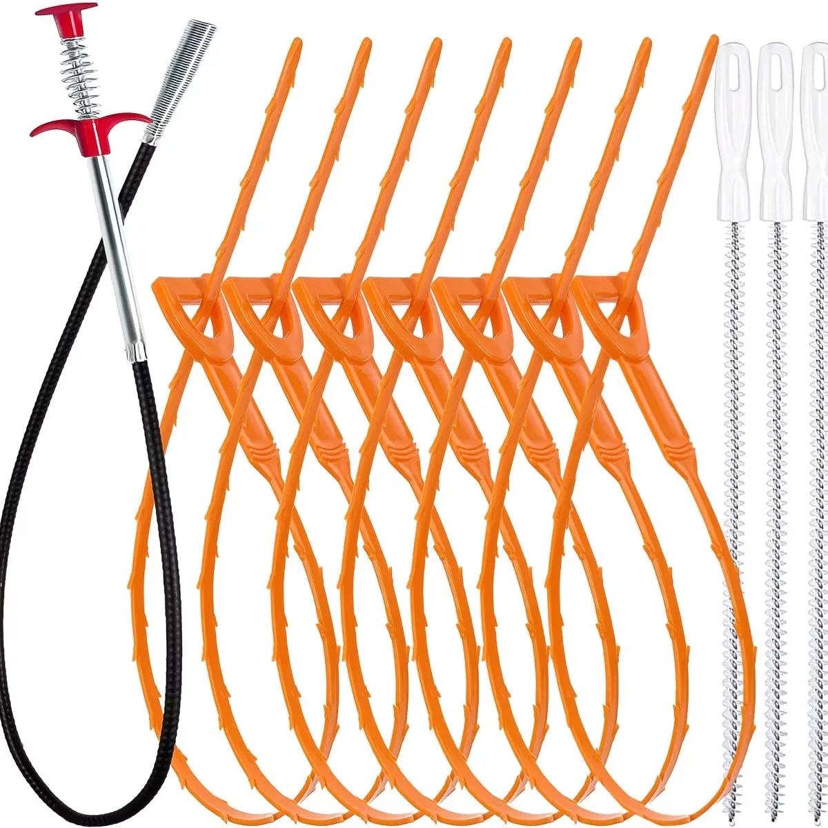 35.5inch Drain Clog Remover (1pcs), 25inch Drain Snake Hair Remover (7pcs) ＆ Cleaning Brush (3pcs), Hair Catcher Drain Auger Cleaner Tool Set For Toilet, Kitchen Sink, Bathroom Tub, Sewer, 11 Pack