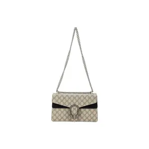 Pre-owned GUCCI Canvas Shoulder Bags Dionysus Medium GG Supreme Shoulder Bag Beige Ebony with Black Suede and Silver Tone Hardware