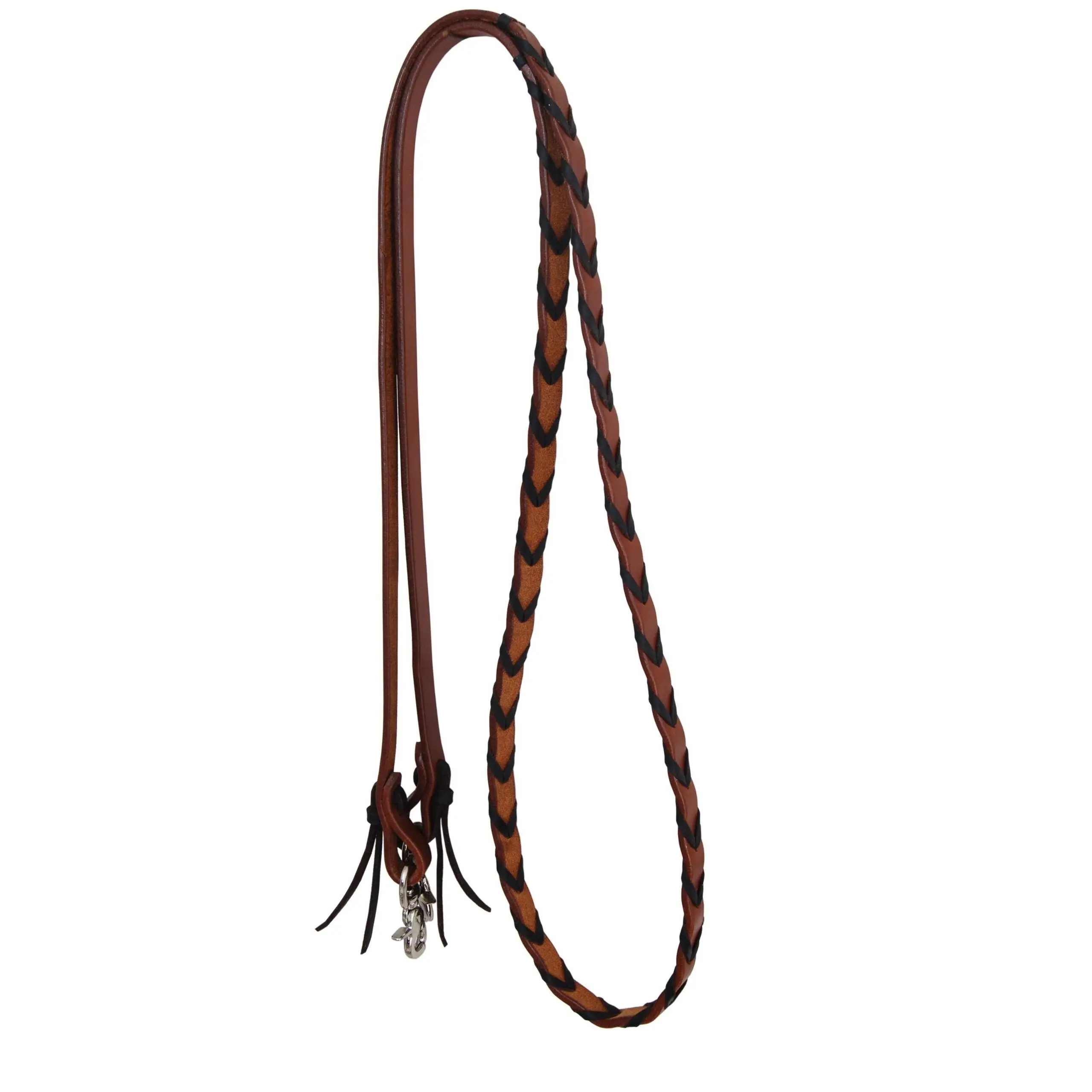 Rein – Barrel Rein. 5/8″ Harness leather with Brown platt. Snap hook clasp