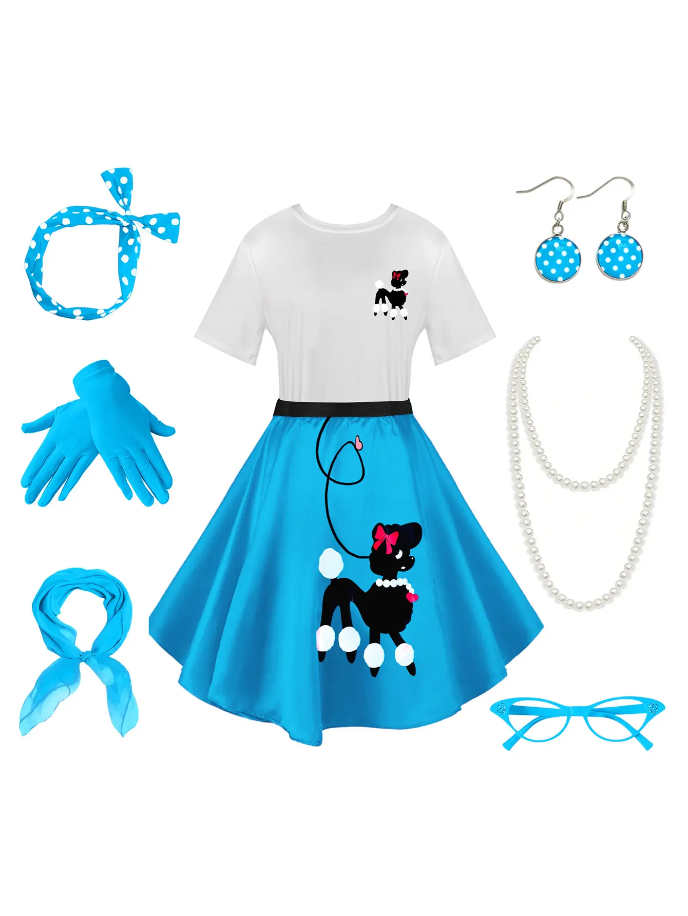 Women's 8-Piece Costume Dress Set, Soft 1950s Style Sock Hop Outfit with Poodle Applique, Fitted for a Ladies Birthday Event, Clothes, Accessories, Bandana, Fashion Blue Check, Casual, Cosplay, Costume Ideas, Everyday