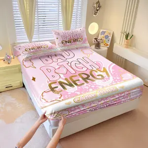 3Pcs "Bad Bitch Energy" Pink Candy Floss Print Fitted Sheet Set, Stylish Aesthetic Bed Sheet Set, Soft Microfiber Bedding Set with Pillowcases, Decorative Bedsheet Sets, Perfect for Bedroom & Dorm Decor - No Filling